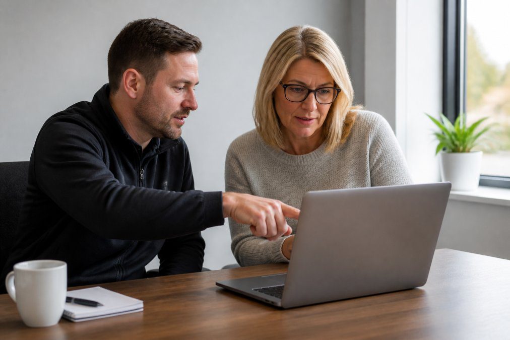A technician in a modern Diss office pointing at a network monitoring dashboard on a laptop screen while a small business owner looks on, natural daylight from a window