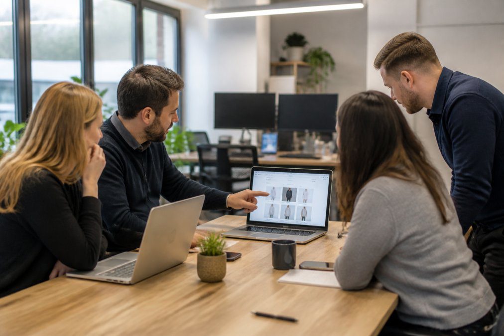 A small team of web developers and IT support staff collaborating around a desk with laptops in a bright modern office, one person pointing at a screen showing an online store