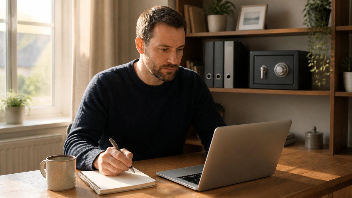 A small business owner working from a home office in Norfolk, reviewing a security checklist on a laptop with a notepad and coffee mug beside it, soft morning light through a window
