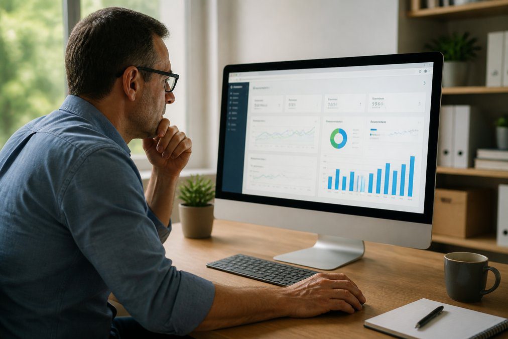 Small business owner reviewing website analytics dashboard on desktop computer in modern office, with conversion metrics and lead data visible on screen