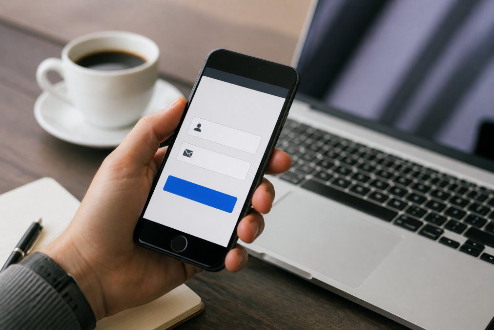 Close-up of smartphone screen displaying professional lead capture form with email field, name field, and prominent blue submit button on mobile interface
