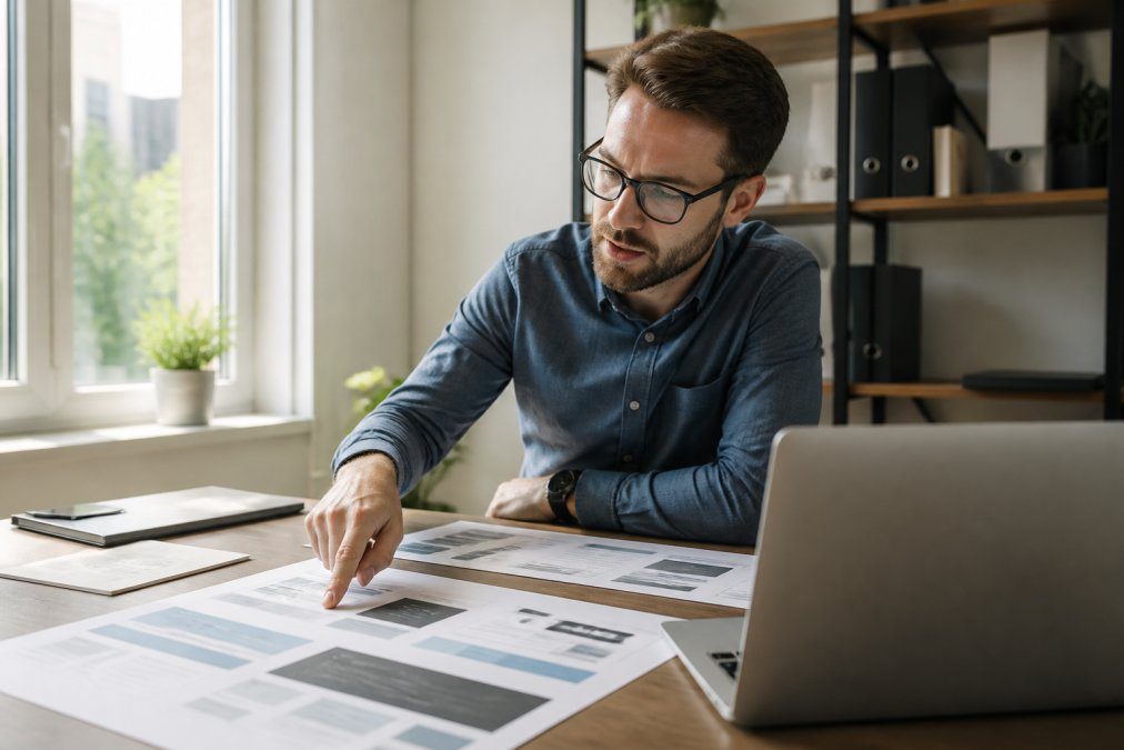 Business owner reviewing a website design on a desktop monitor in a professional office, pointing at different sections of the layout with natural window lighting